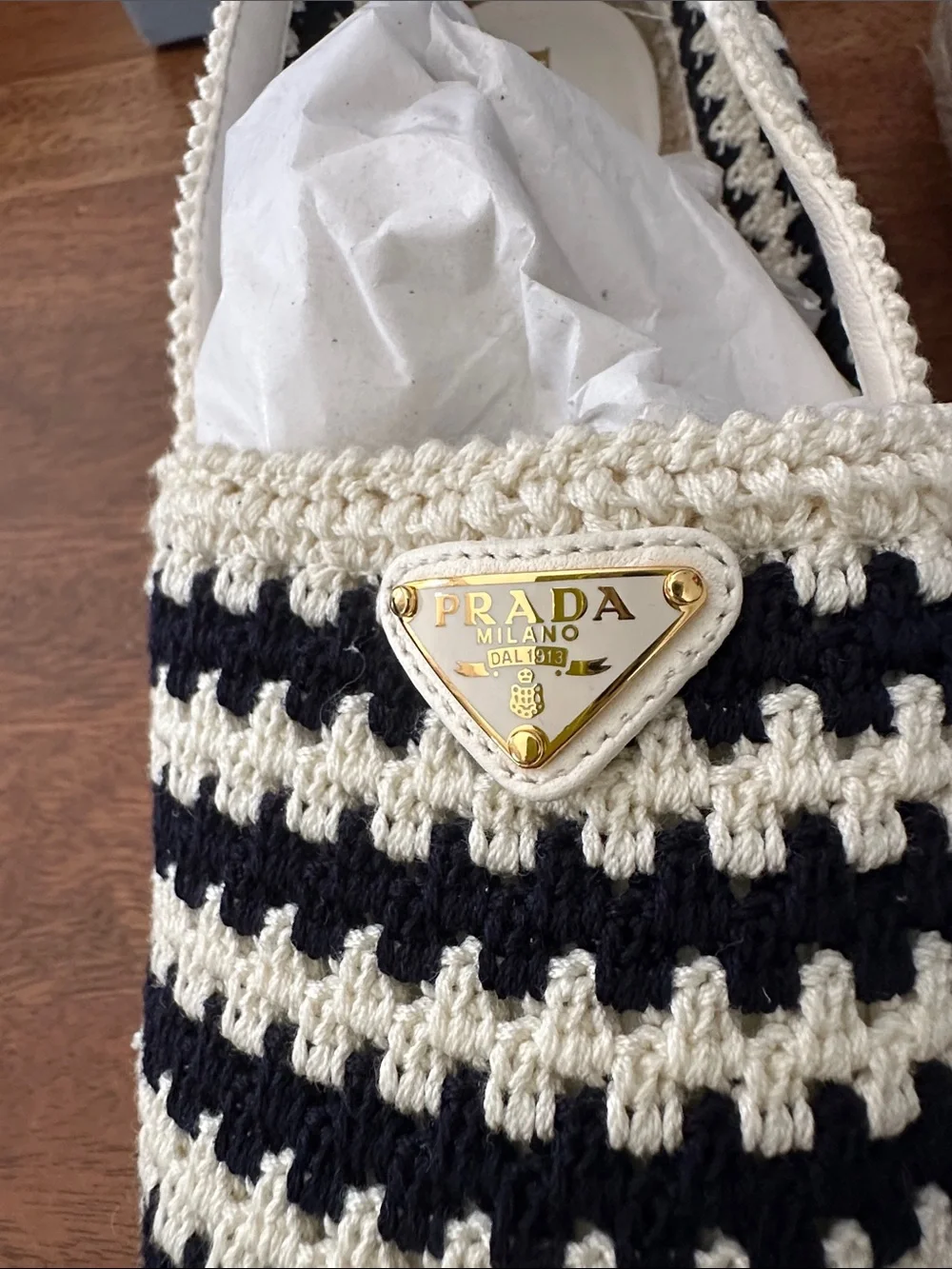 Prada Logo Triangle Blue & White Crochet Espadrilles Calzature Donna NWT